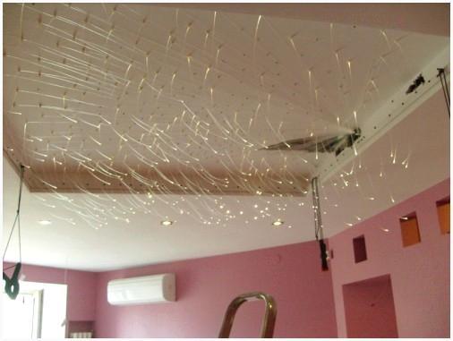 Протягивание волокон через сетку для потолка Звездное небо